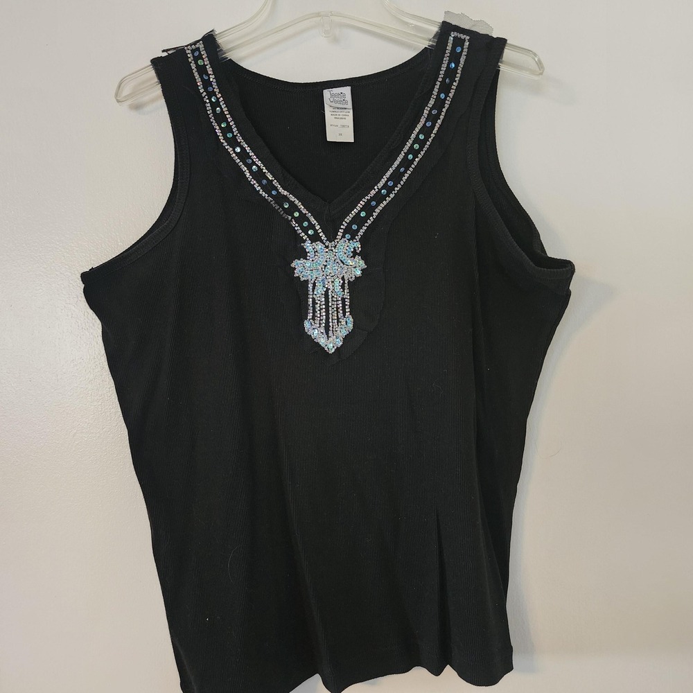 Y2K fairy whimsy goth Teenie Weenie brand, black tank top with sequin neckline